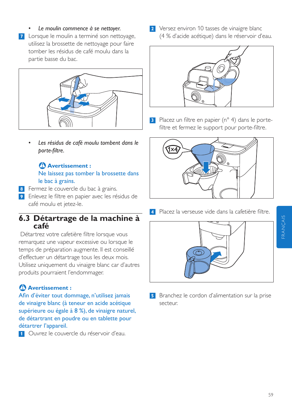 3 détartrage de la machine à café | Philips Grind & Brew Kaffeemaschine User Manual | Page 59 / 172