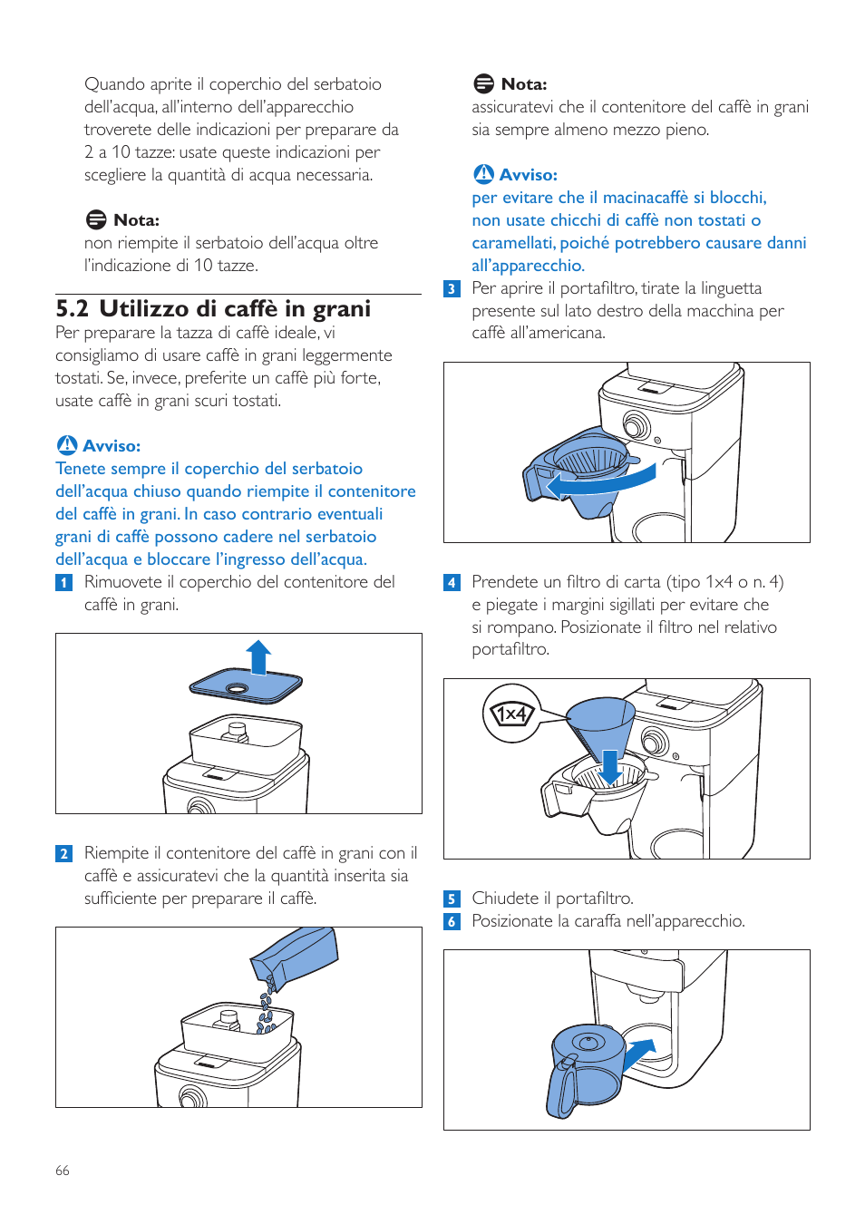 2 utilizzo di caffè in grani | Philips Grind & Brew Kaffeemaschine User Manual | Page 66 / 172