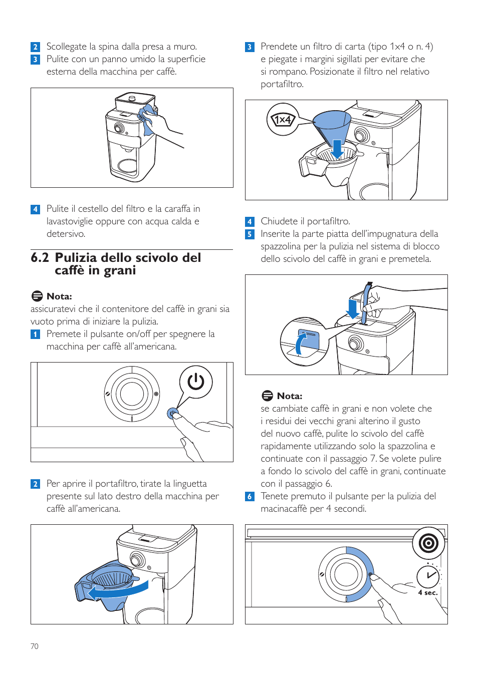 2 pulizia dello scivolo del caffè in grani | Philips Grind & Brew Kaffeemaschine User Manual | Page 70 / 172