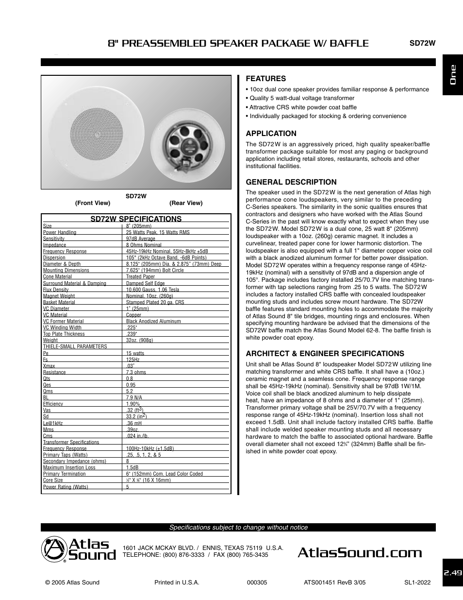 Atlas Sound SD72W User Manual | 2 pages