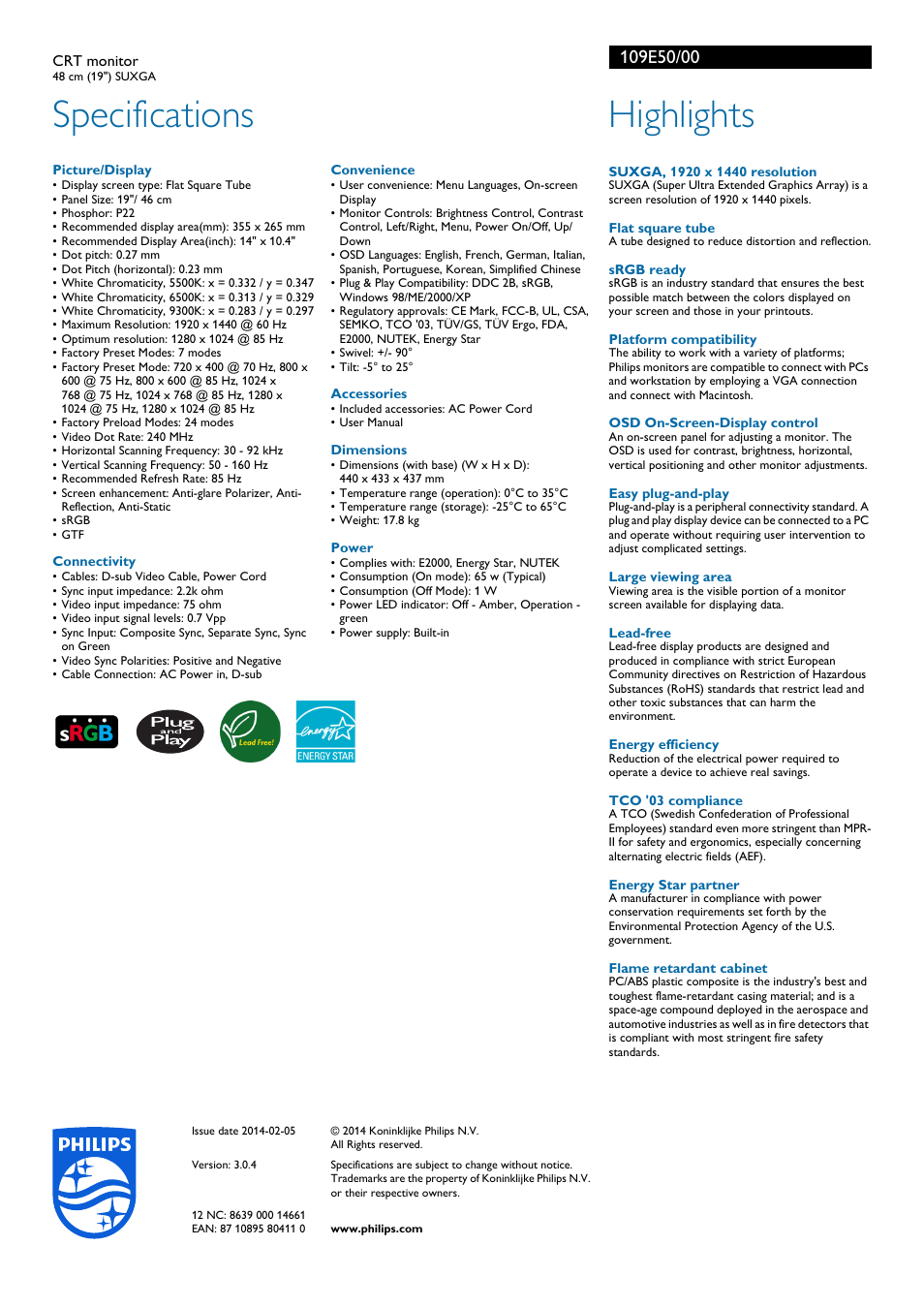 Specifications, Highlights | Philips 109E50 User Manual | Page 2 / 2