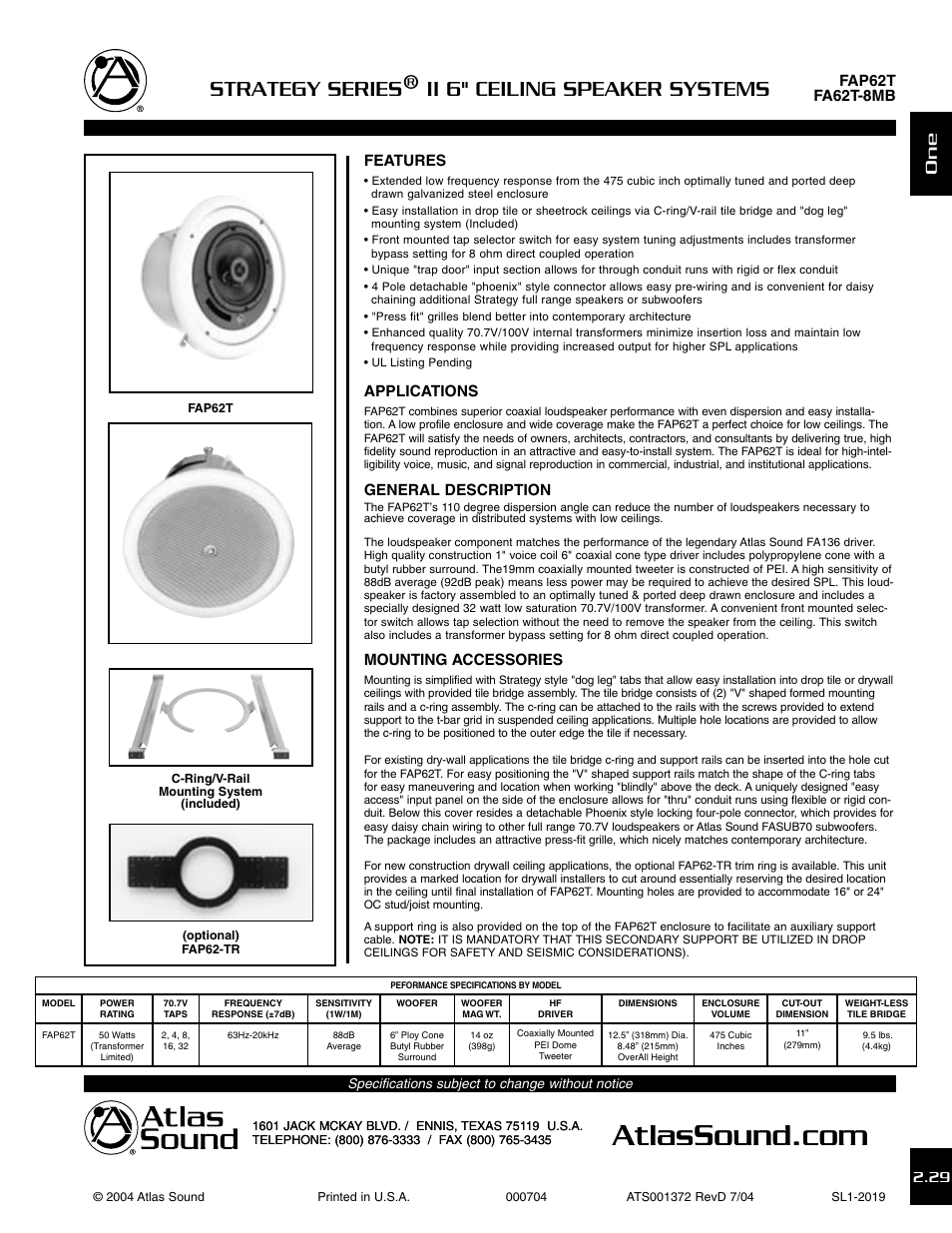 Atlas Sound FA62T-8MB User Manual | 3 pages