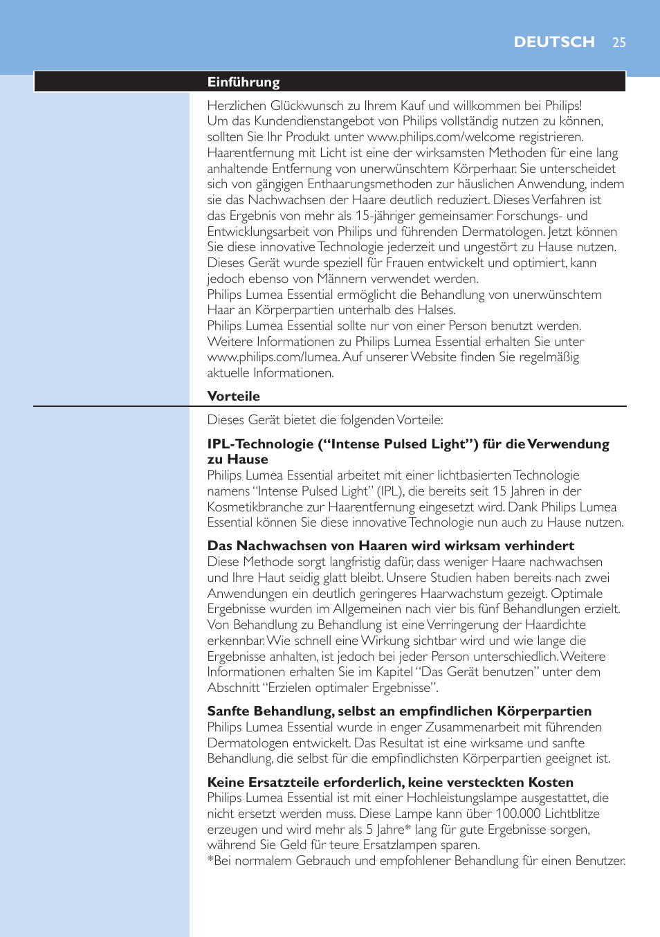 Deutsch, Deutsch 25 | Philips Lumea Essential IPL Haarentfernungssystem User Manual | Page 25 / 134