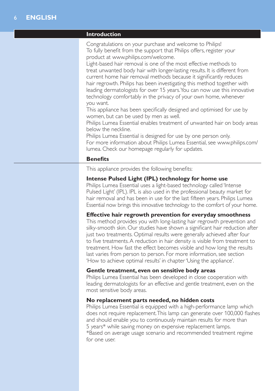 English | Philips Lumea Essential IPL Haarentfernungssystem User Manual | Page 6 / 134