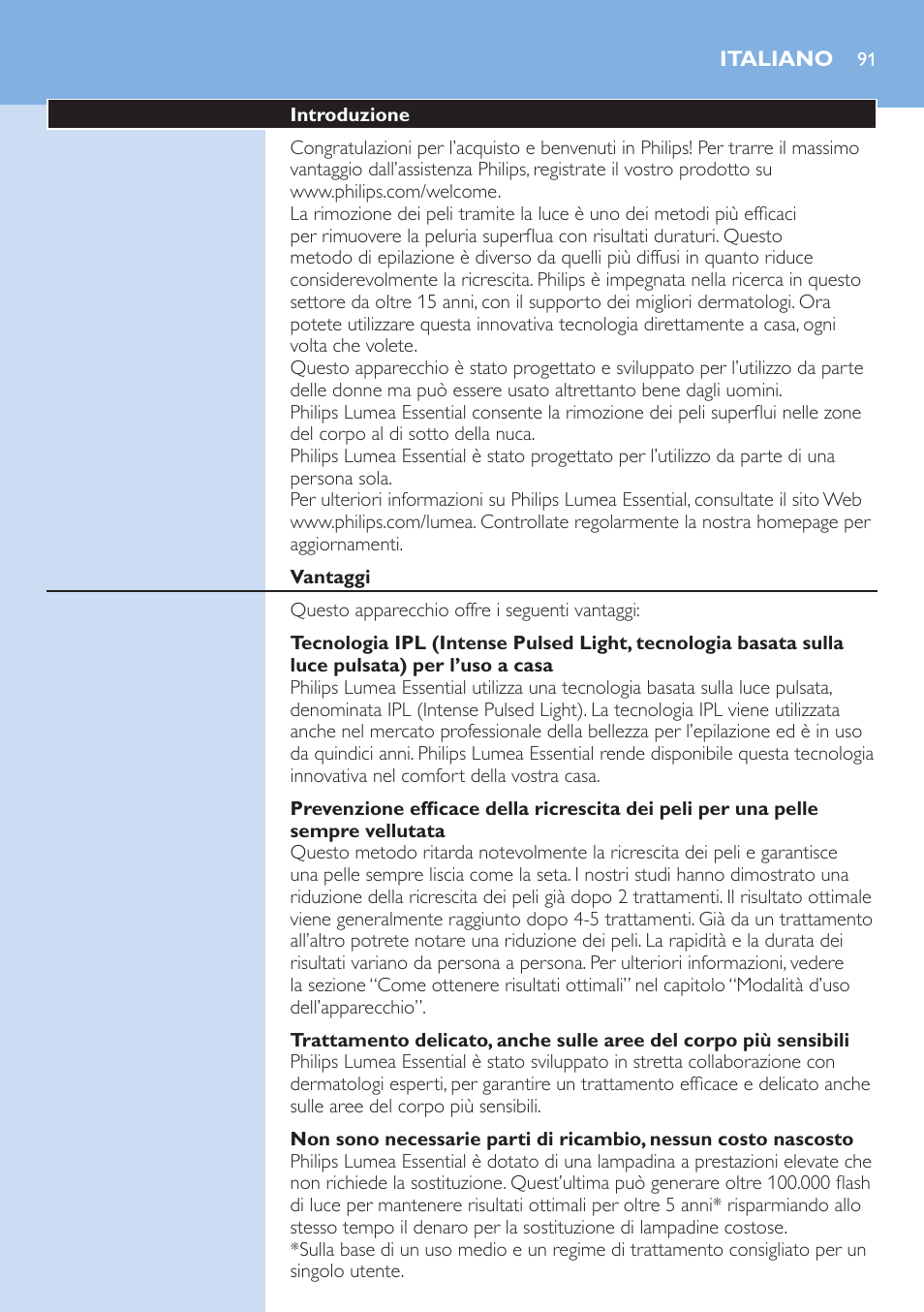 Italiano | Philips Lumea Essential IPL Haarentfernungssystem User Manual | Page 91 / 134