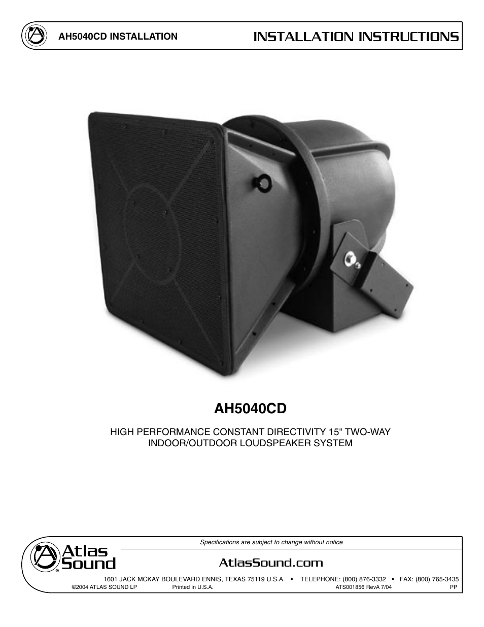 Atlas Sound AH5040CD User Manual | 12 pages