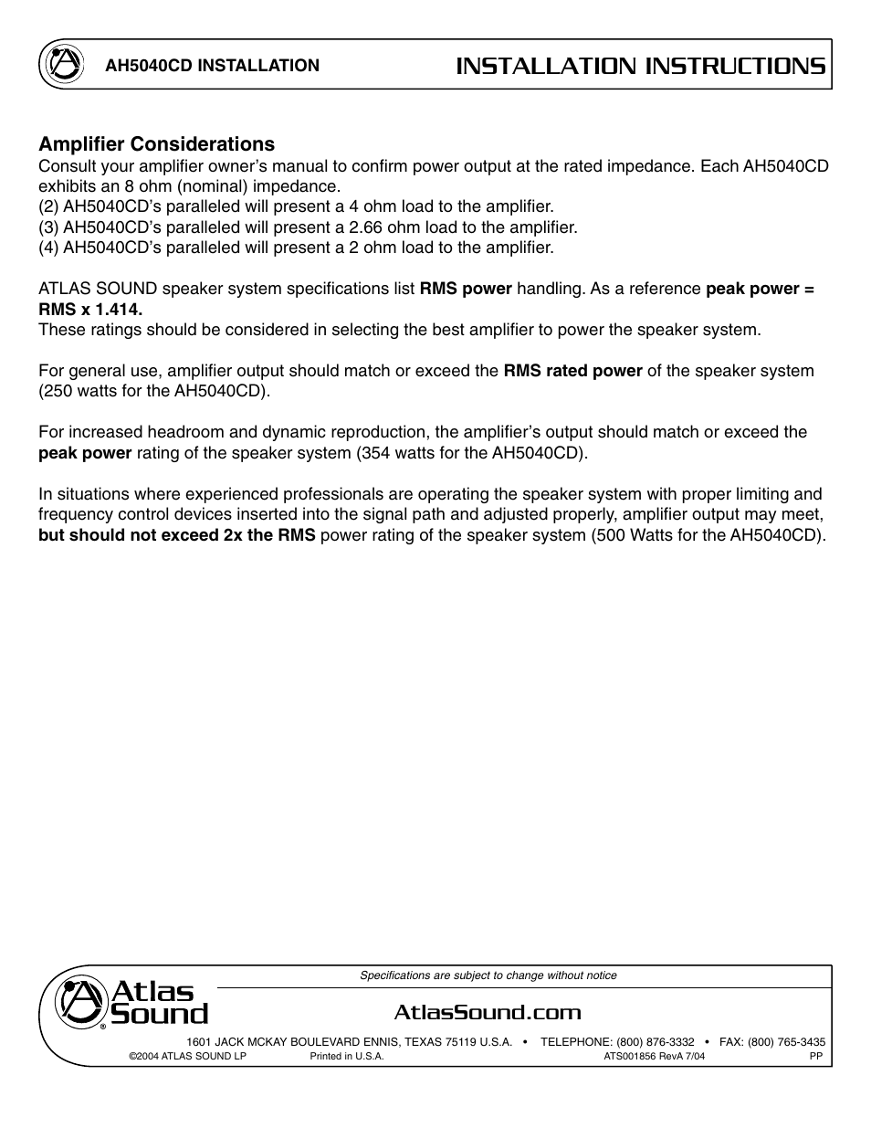 Installation instructions, Ampliﬁer considerations | Atlas Sound AH5040CD User Manual | Page 10 / 12