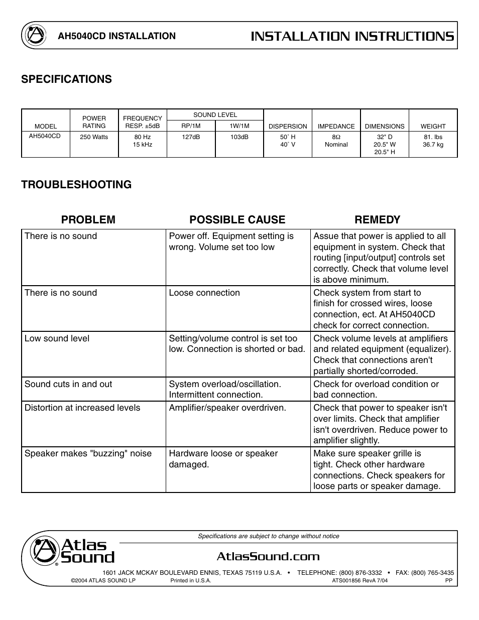 Installation instructions, Specifications troubleshooting, Problem possible cause remedy | Atlas Sound AH5040CD User Manual | Page 11 / 12
