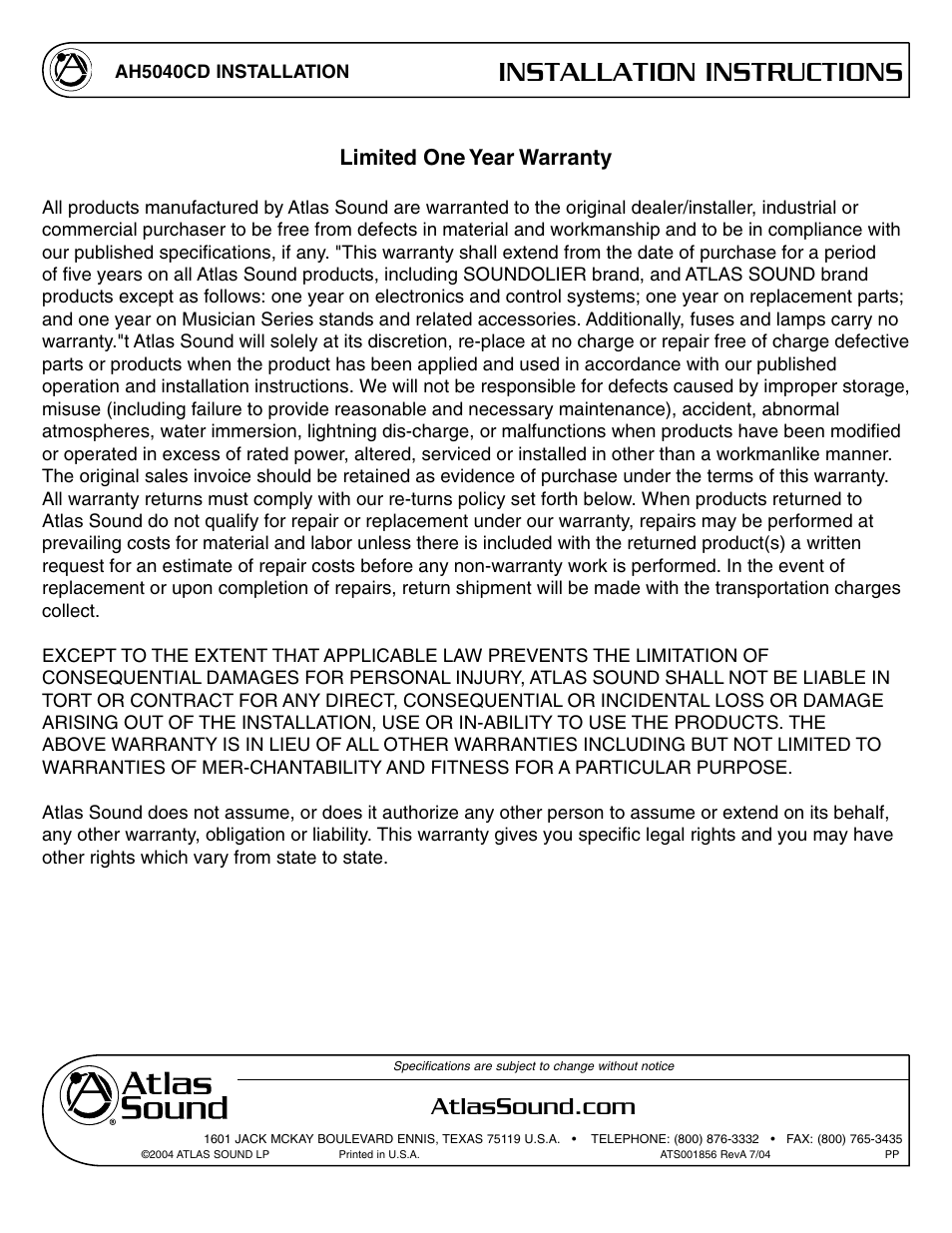 Installation instructions, Limited one year warranty | Atlas Sound AH5040CD User Manual | Page 12 / 12