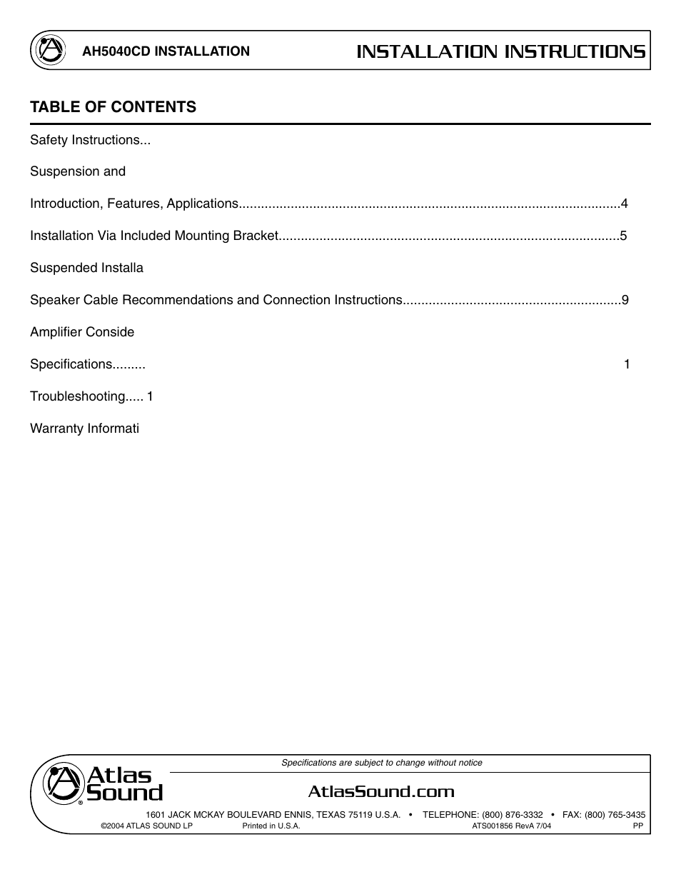 Atlas Sound AH5040CD User Manual | Page 2 / 12
