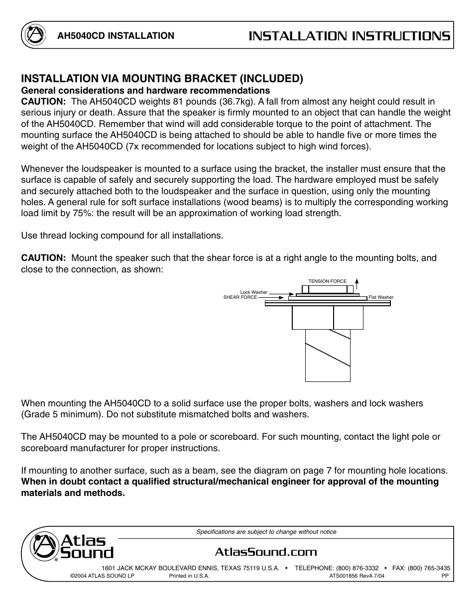 Installation instructions, Installation via mounting bracket (included) | Atlas Sound AH5040CD User Manual | Page 5 / 12