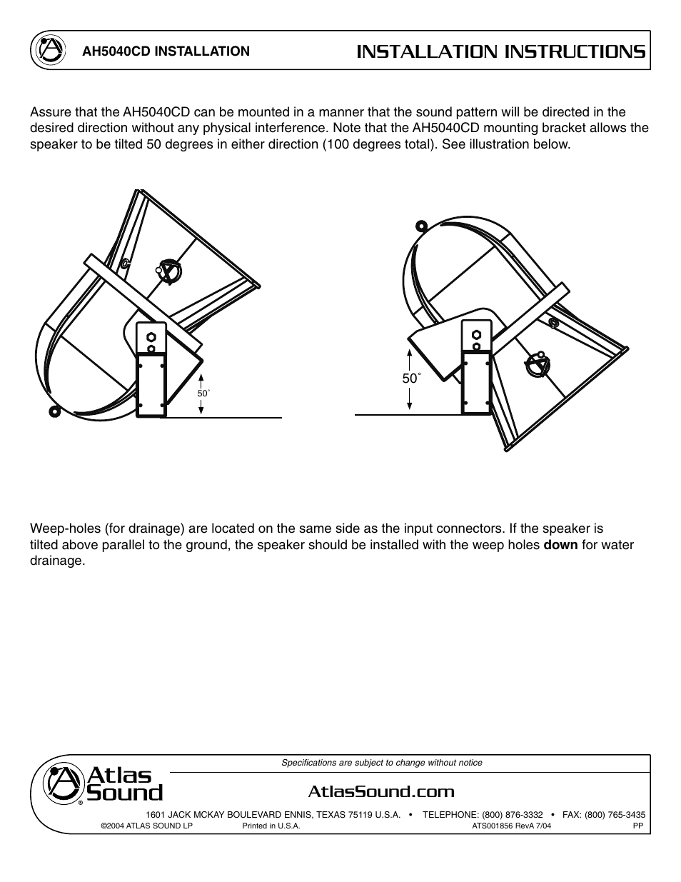 Installation instructions, Ah5040cd | Atlas Sound AH5040CD User Manual | Page 6 / 12