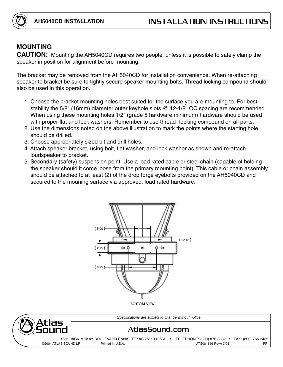 Installation instructions, Mounting, Caution | Ah5040cd installation | Atlas Sound AH5040CD User Manual | Page 7 / 12