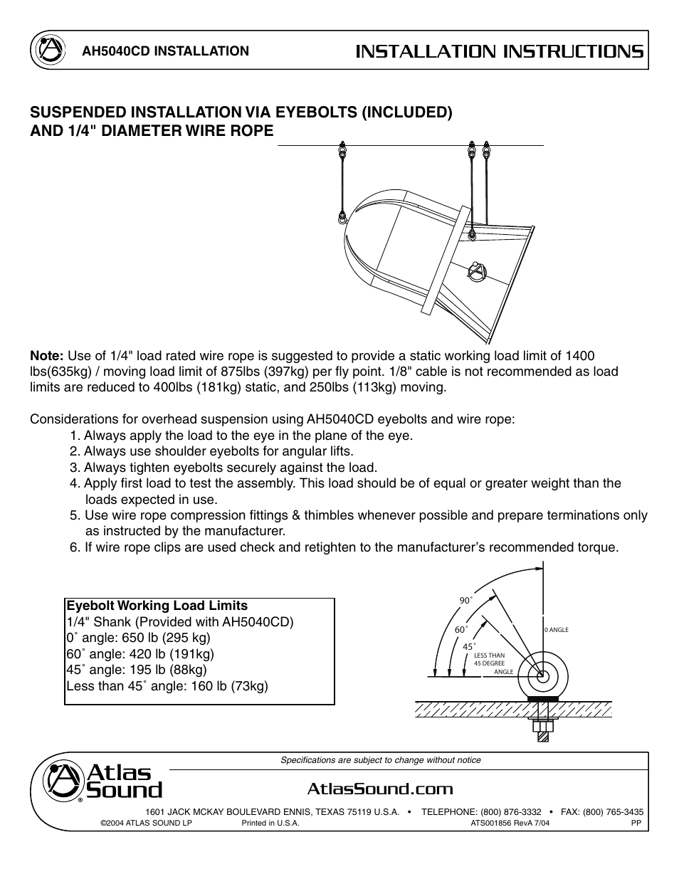 Installation instructions | Atlas Sound AH5040CD User Manual | Page 8 / 12