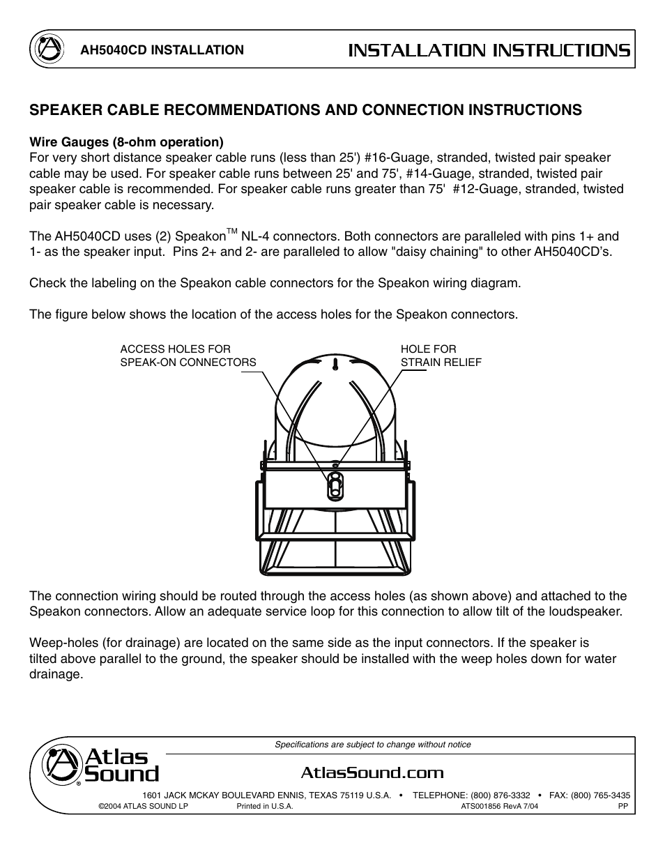 Installation instructions, Ah5040cd, Ah5040cd installation | Atlas Sound AH5040CD User Manual | Page 9 / 12