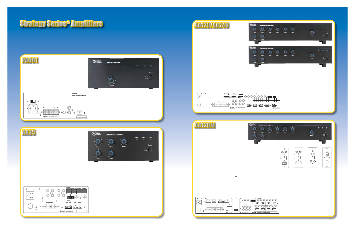 Strategy series, Amplifiers strategy series, Amplifiers | Aa120m, Aa35, Pa601, Fuse, Aa120m modules (optional) | Atlas Sound PA601 User Manual | Page 2 / 2