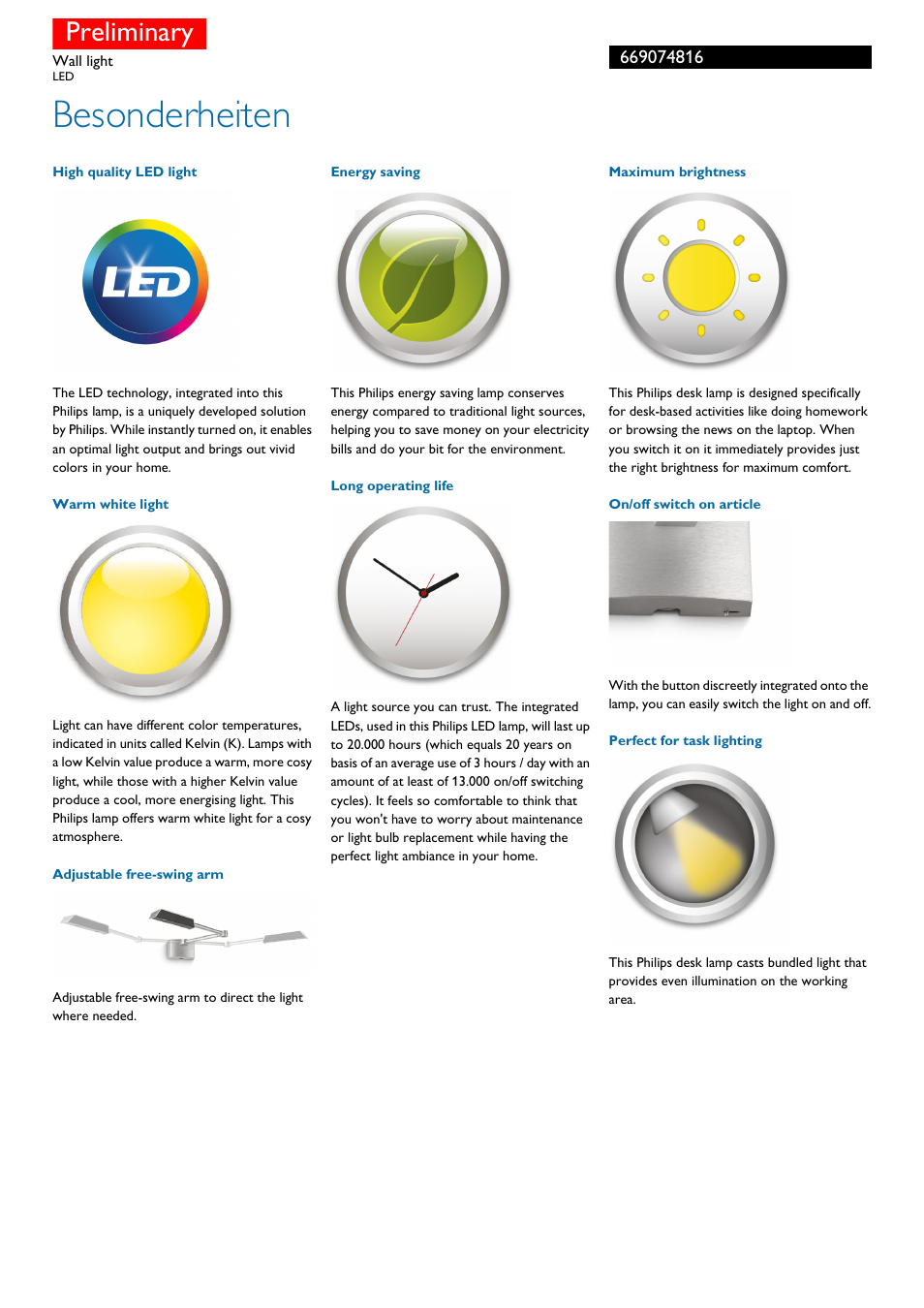 Besonderheiten, Preliminary | Philips myHomeOffice Wandleuchte User Manual | Page 2 / 3