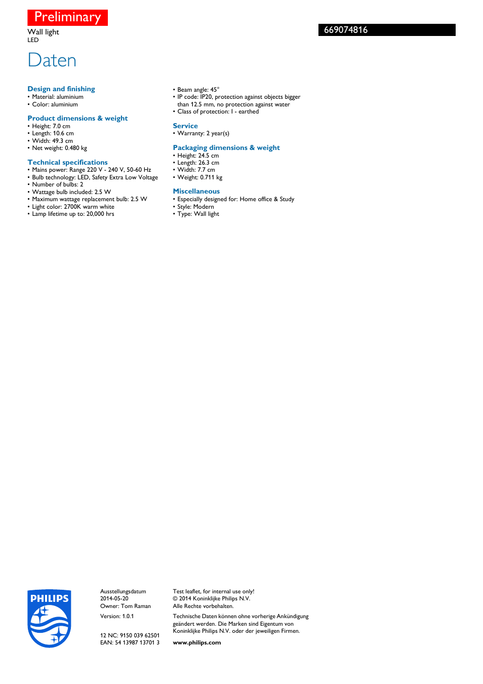 Daten, Preliminary | Philips myHomeOffice Wandleuchte User Manual | Page 3 / 3