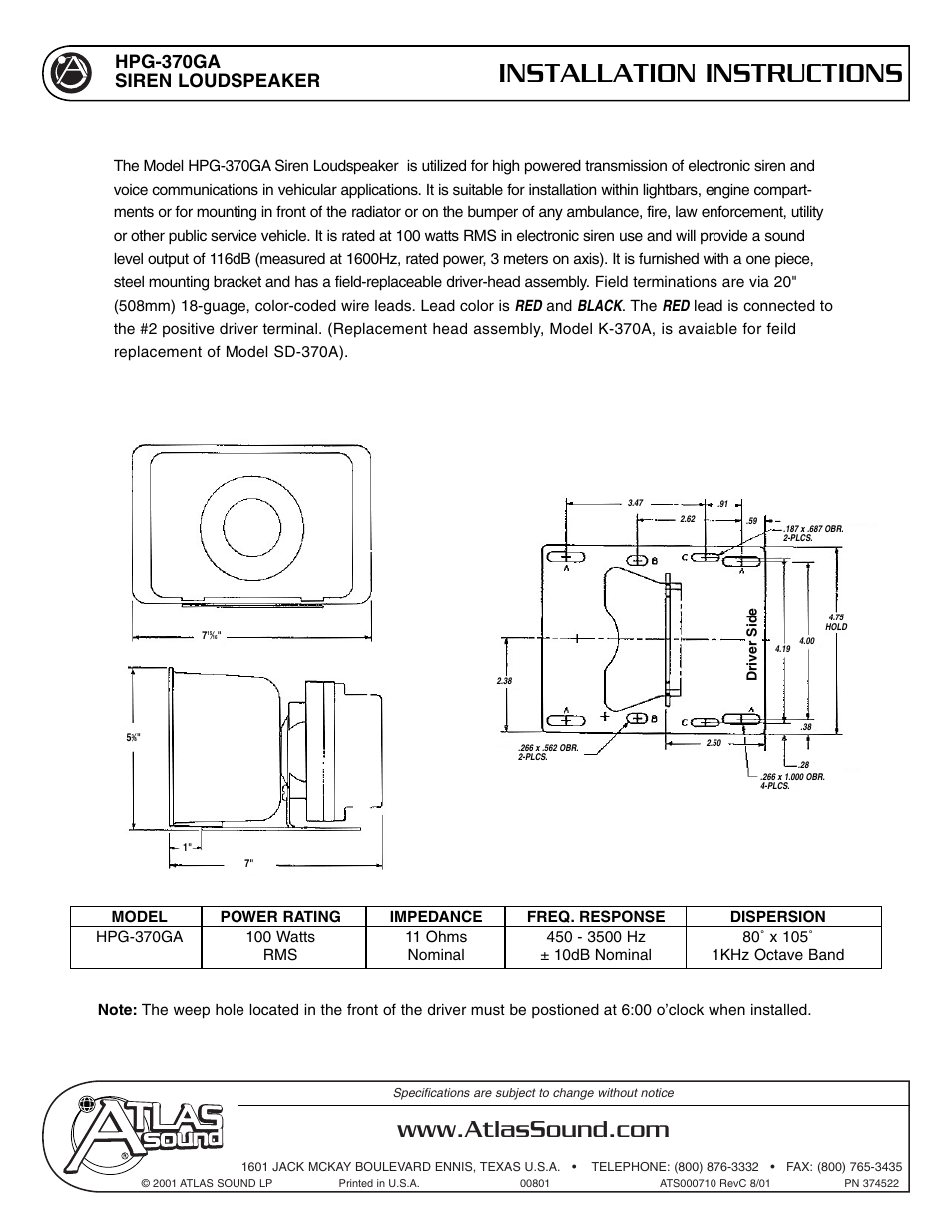 Atlas Sound SIREN LOUD HPG-370GA User Manual | 1 page