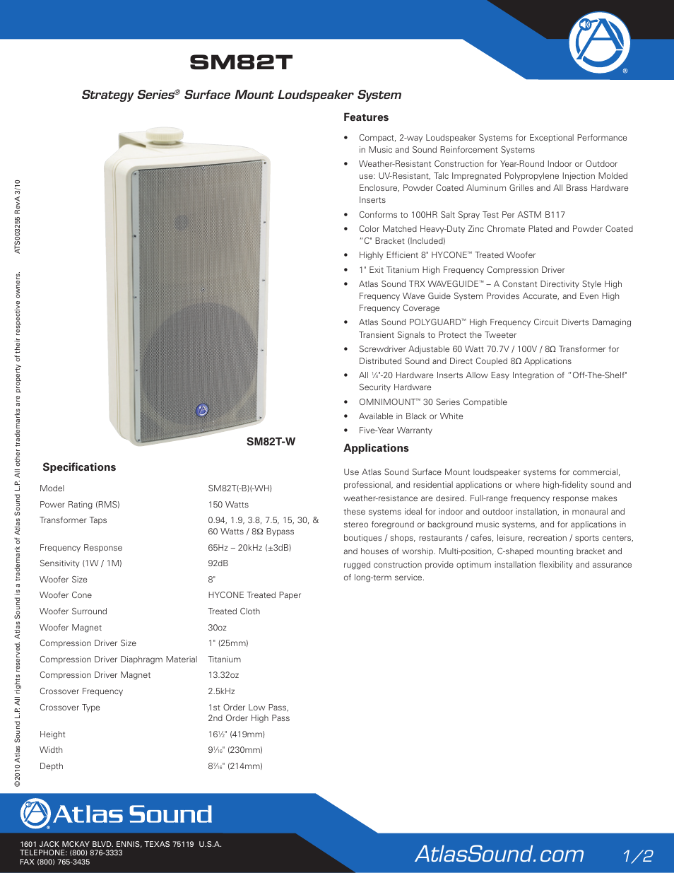 Atlas Sound STRATEGY SERIES SM82T User Manual | 2 pages