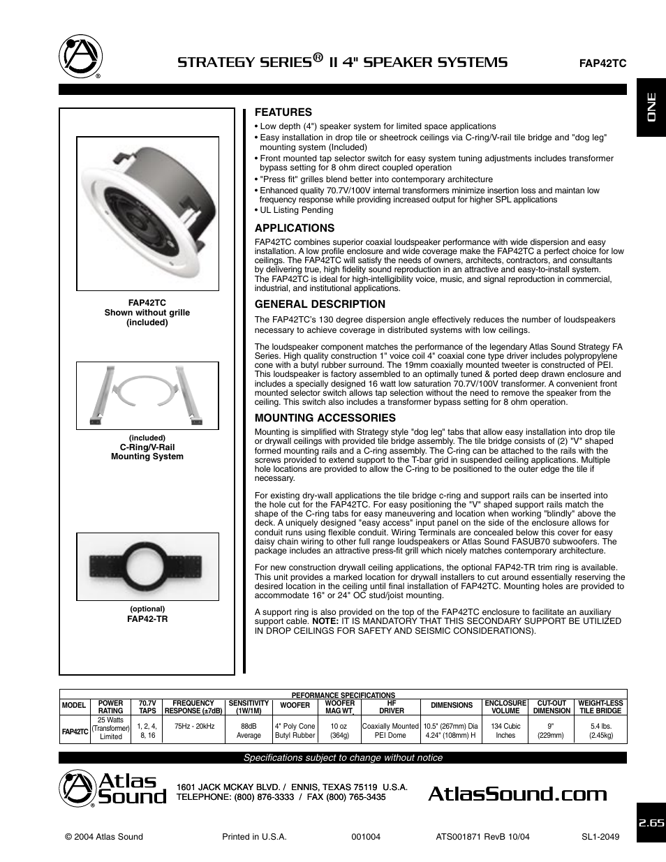 Atlas Sound STRATEGY SERIES II FAP42TC User Manual | 3 pages