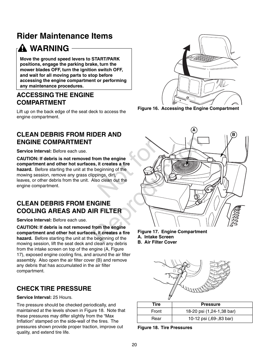 Not for reproduction, Rider maintenance items, Warning | Axion ZT2142 User Manual | Page 20 / 48