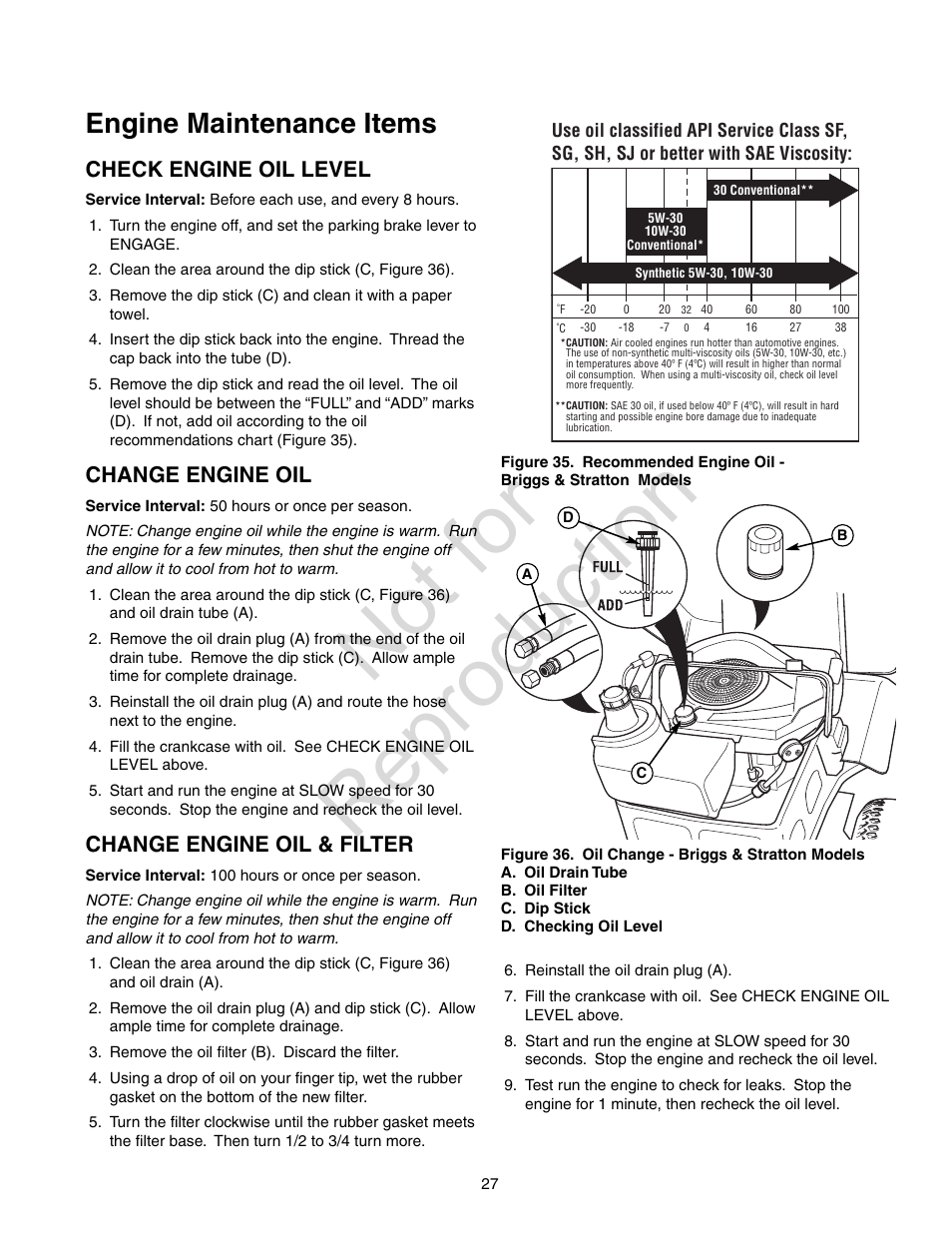 Not for reproduction, Engine maintenance items, Check engine oil level | Change engine oil, Change engine oil & filter | Axion ZT2142 User Manual | Page 27 / 48