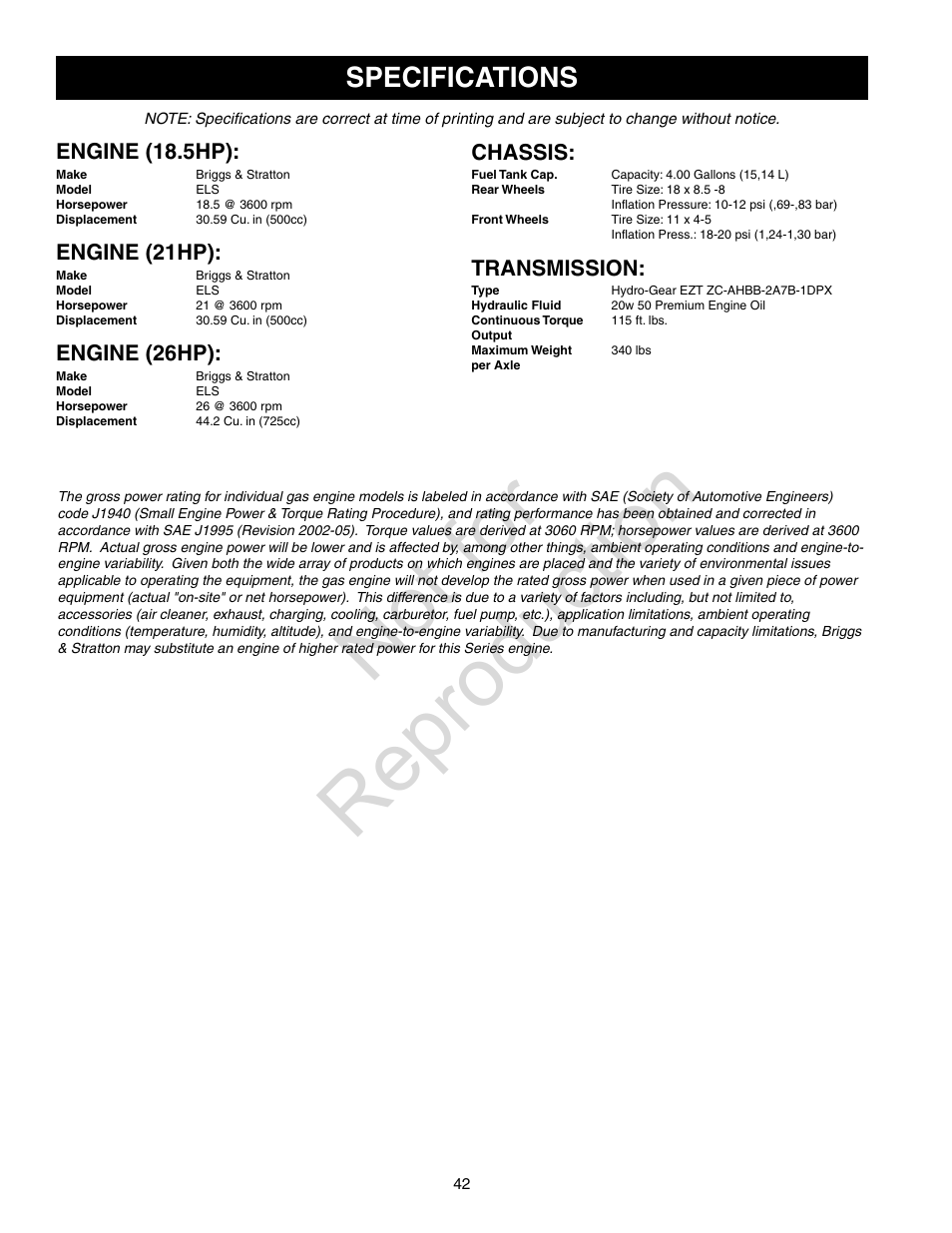 Not for reproduction, Specifications, Engine (18.5hp) | Engine (21hp), Engine (26hp), Chassis, Transmission | Axion ZT2142 User Manual | Page 42 / 48