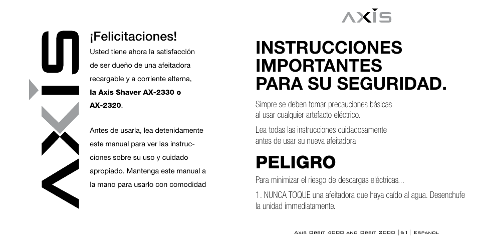 Instrucciones importantes para su seguridad, Peligro, Felicitaciones | Bodyline Products International AXIS ORBIT AX-2320 User Manual | Page 31 / 47
