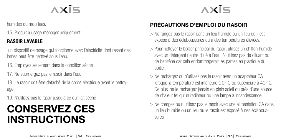 Conservez ces instructions | Axis AX-333 User Manual | Page 18 / 47
