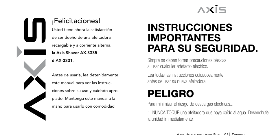 Instrucciones importantes para su seguridad, Peligro, Felicitaciones | Axis AX-333 User Manual | Page 31 / 47