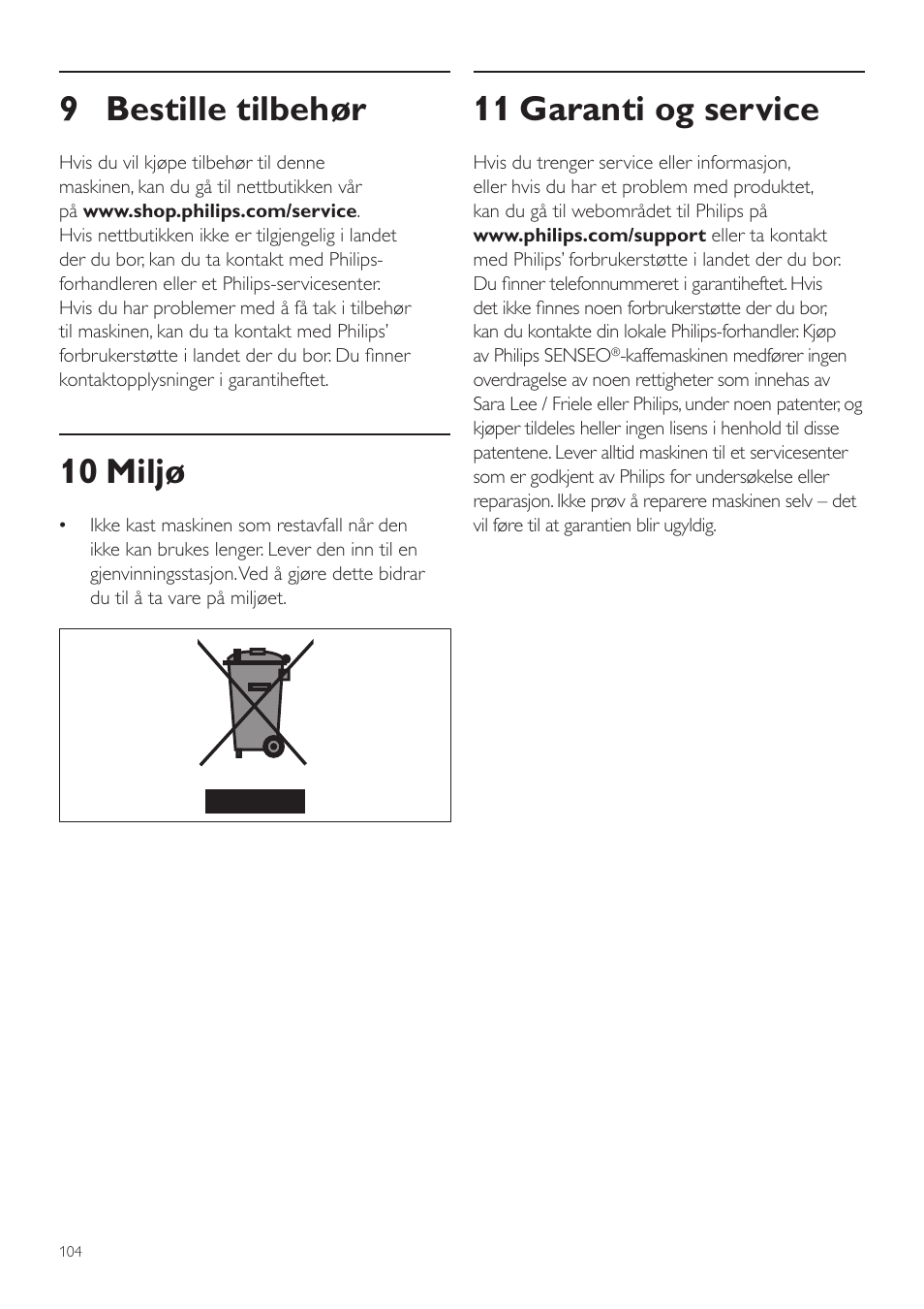 11 garanti og service, 9 bestille tilbehør, 10 miljø | Philips SENSEO® Twist Kaffeepadmaschine User Manual | Page 104 / 110