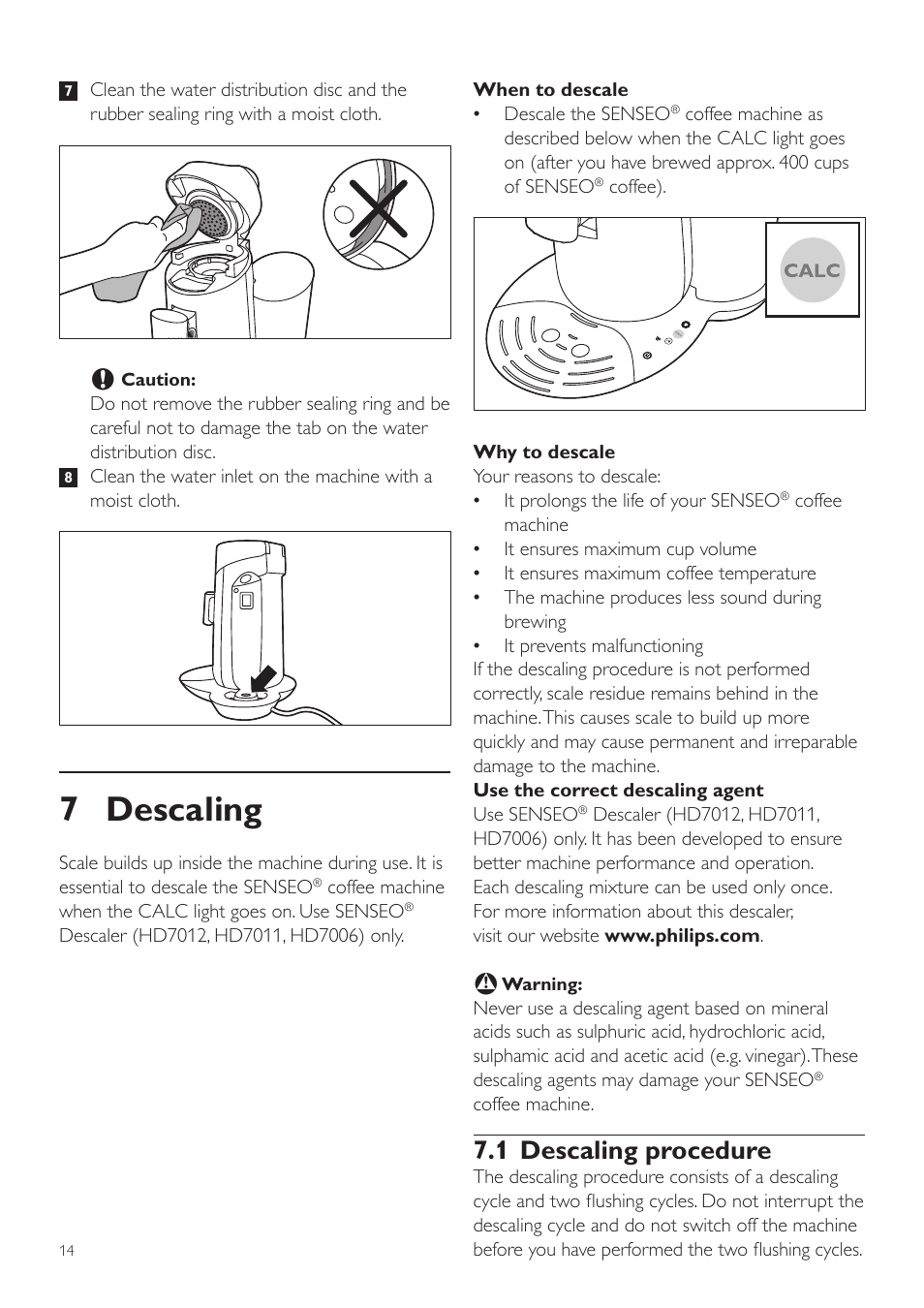 7 descaling, 1 descaling procedure | Philips SENSEO® Twist Kaffeepadmaschine User Manual | Page 14 / 110