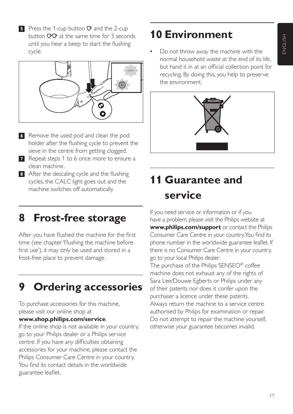 10 environment, 11 guarantee and service, 8 frost-free storage | 9 ordering accessories | Philips SENSEO® Twist Kaffeepadmaschine User Manual | Page 17 / 110