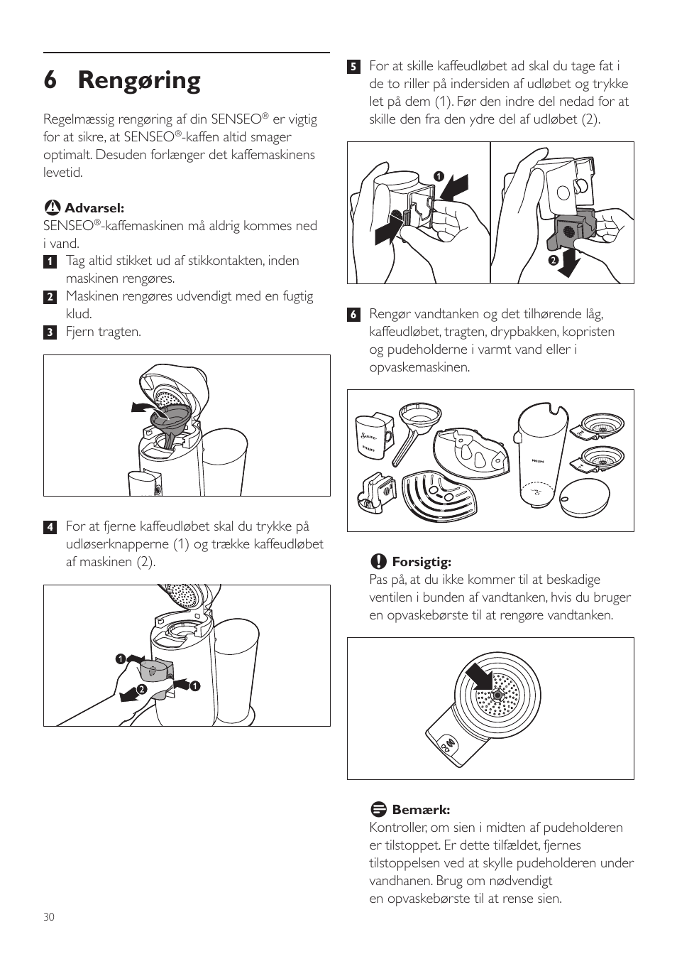 6 rengøring | Philips SENSEO® Twist Kaffeepadmaschine User Manual | Page 30 / 110