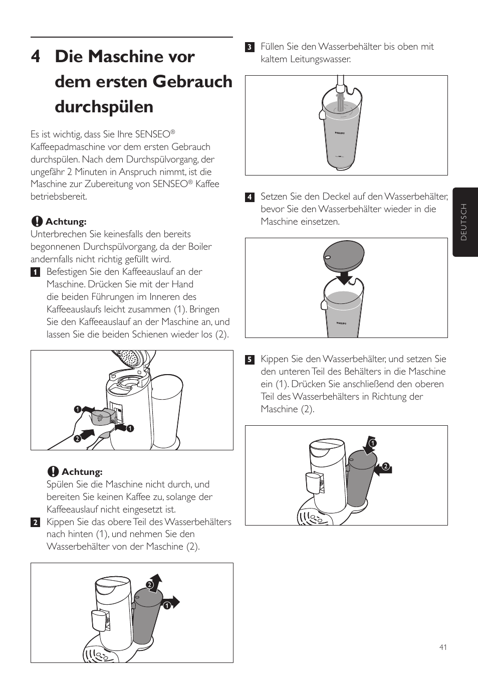 4 die maschine vor dem ersten gebrauch durchspülen | Philips SENSEO® Twist Kaffeepadmaschine User Manual | Page 41 / 110