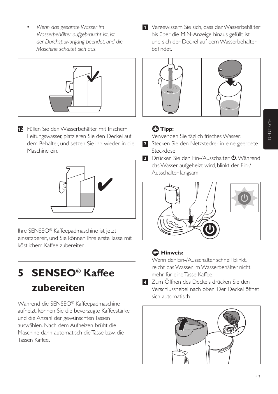 5 senseo, Kaffee zubereiten | Philips SENSEO® Twist Kaffeepadmaschine User Manual | Page 43 / 110