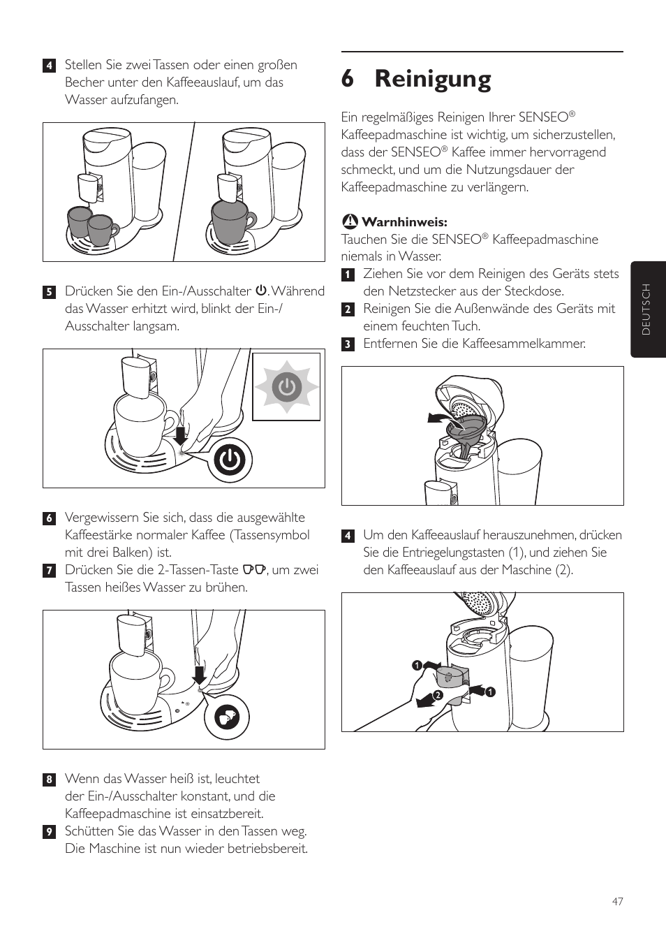 6 reinigung | Philips SENSEO® Twist Kaffeepadmaschine User Manual | Page 47 / 110