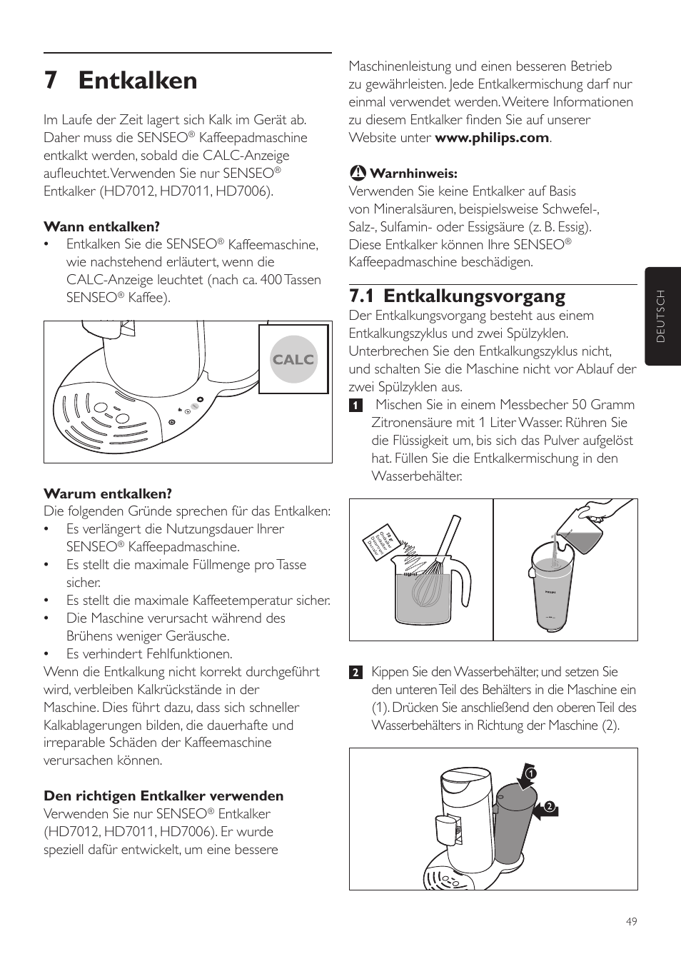 7 entkalken, 1 entkalkungsvorgang | Philips SENSEO® Twist Kaffeepadmaschine User Manual | Page 49 / 110