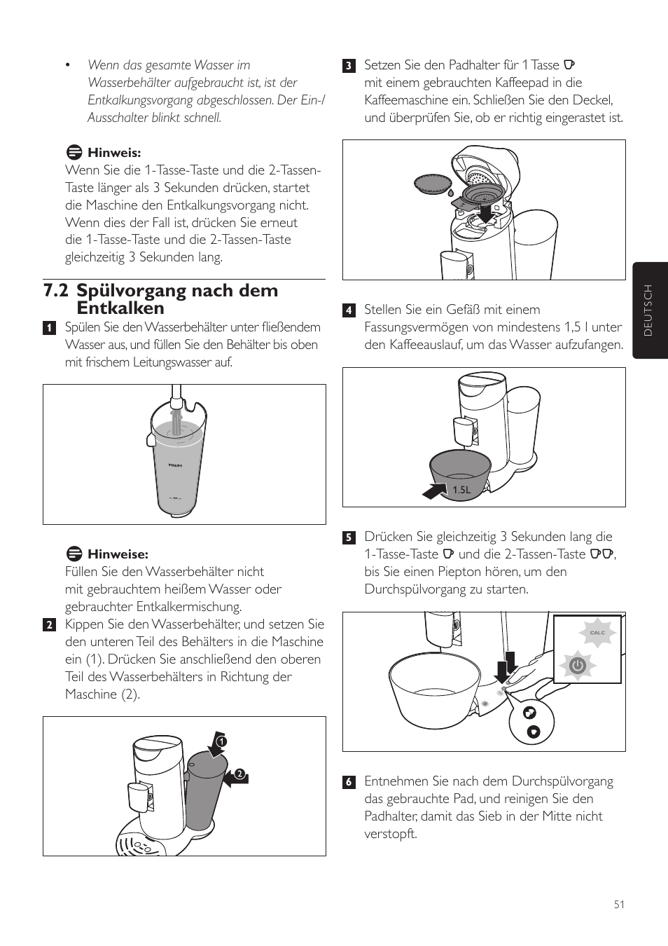 2 spülvorgang nach dem entkalken | Philips SENSEO® Twist Kaffeepadmaschine User Manual | Page 51 / 110