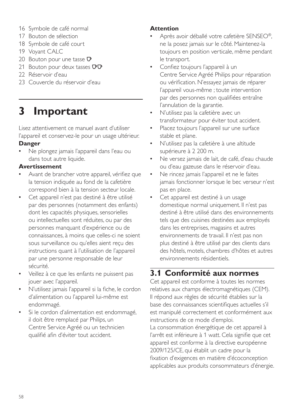 3 important, 1 conformité aux normes | Philips SENSEO® Twist Kaffeepadmaschine User Manual | Page 58 / 110