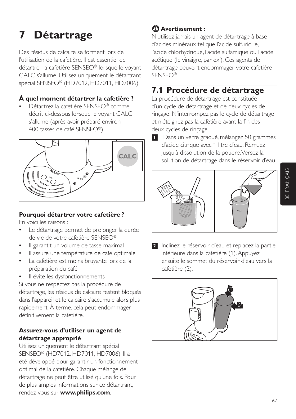 7 détartrage, 1 procédure de détartrage | Philips SENSEO® Twist Kaffeepadmaschine User Manual | Page 67 / 110