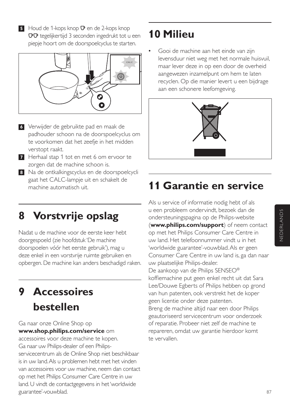 10 milieu, 11 garantie en service, 8 vorstvrije opslag | 9 accessoires bestellen | Philips SENSEO® Twist Kaffeepadmaschine User Manual | Page 87 / 110