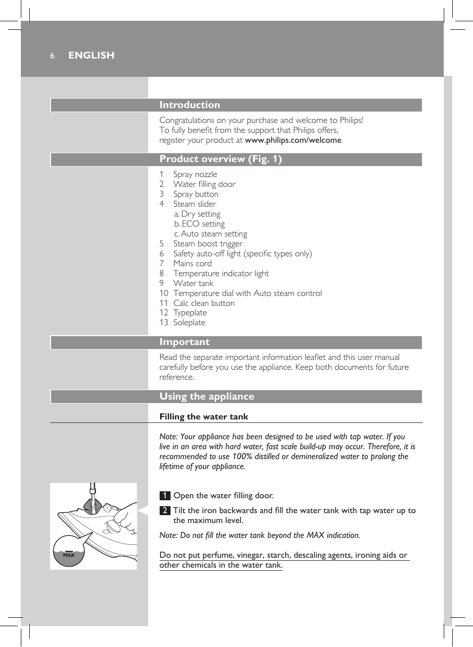 Philips Azur Performer Dampfbügeleisen User Manual | Page 4 / 26