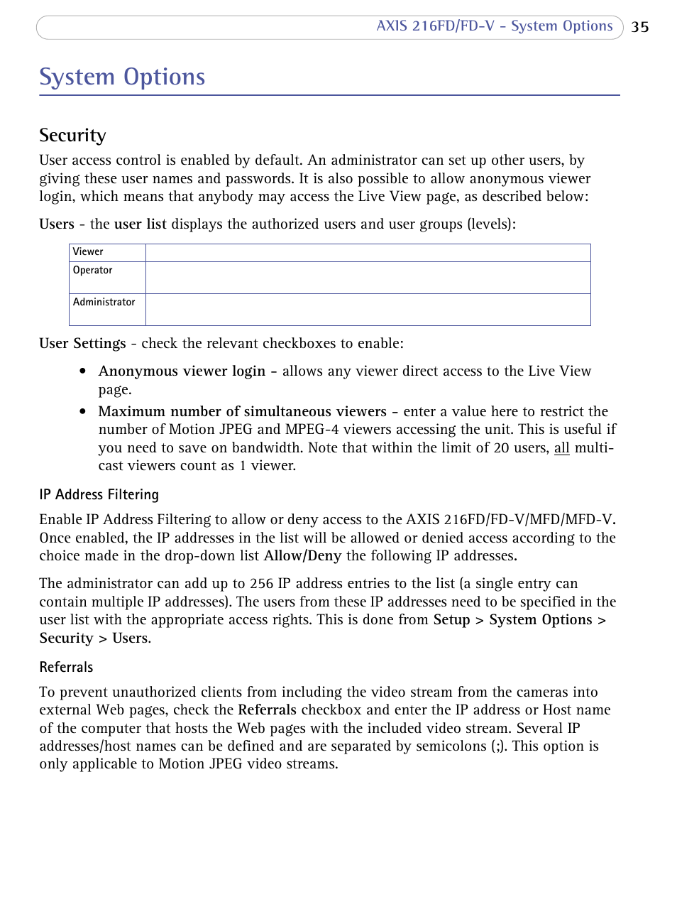 System options, Security | Bodyline Products International 216FD-V User Manual | Page 35 / 69