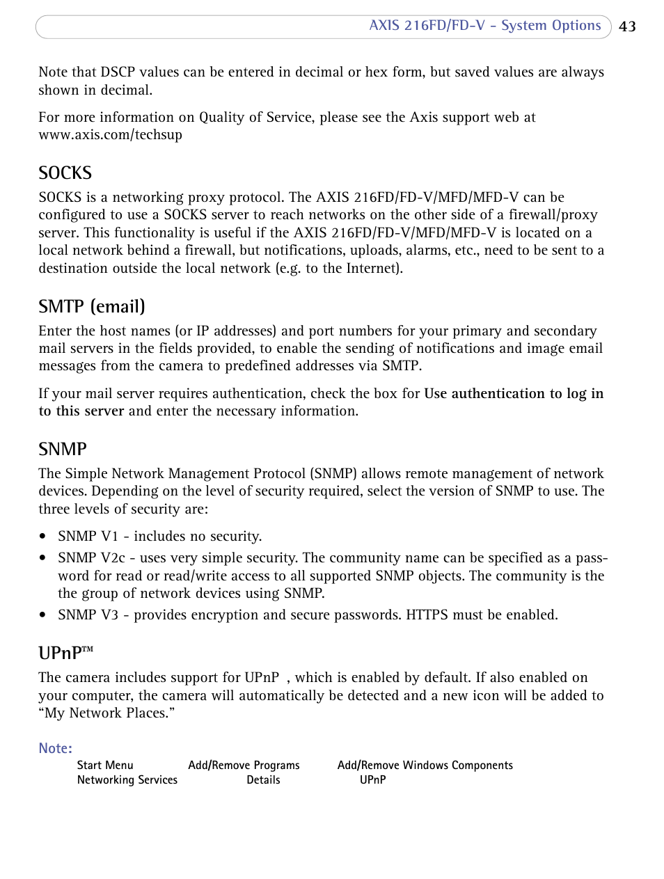 Socks, Smtp (email), Snmp | Upnp, Socks smtp (email) snmp upnp | Bodyline Products International 216FD-V User Manual | Page 43 / 69