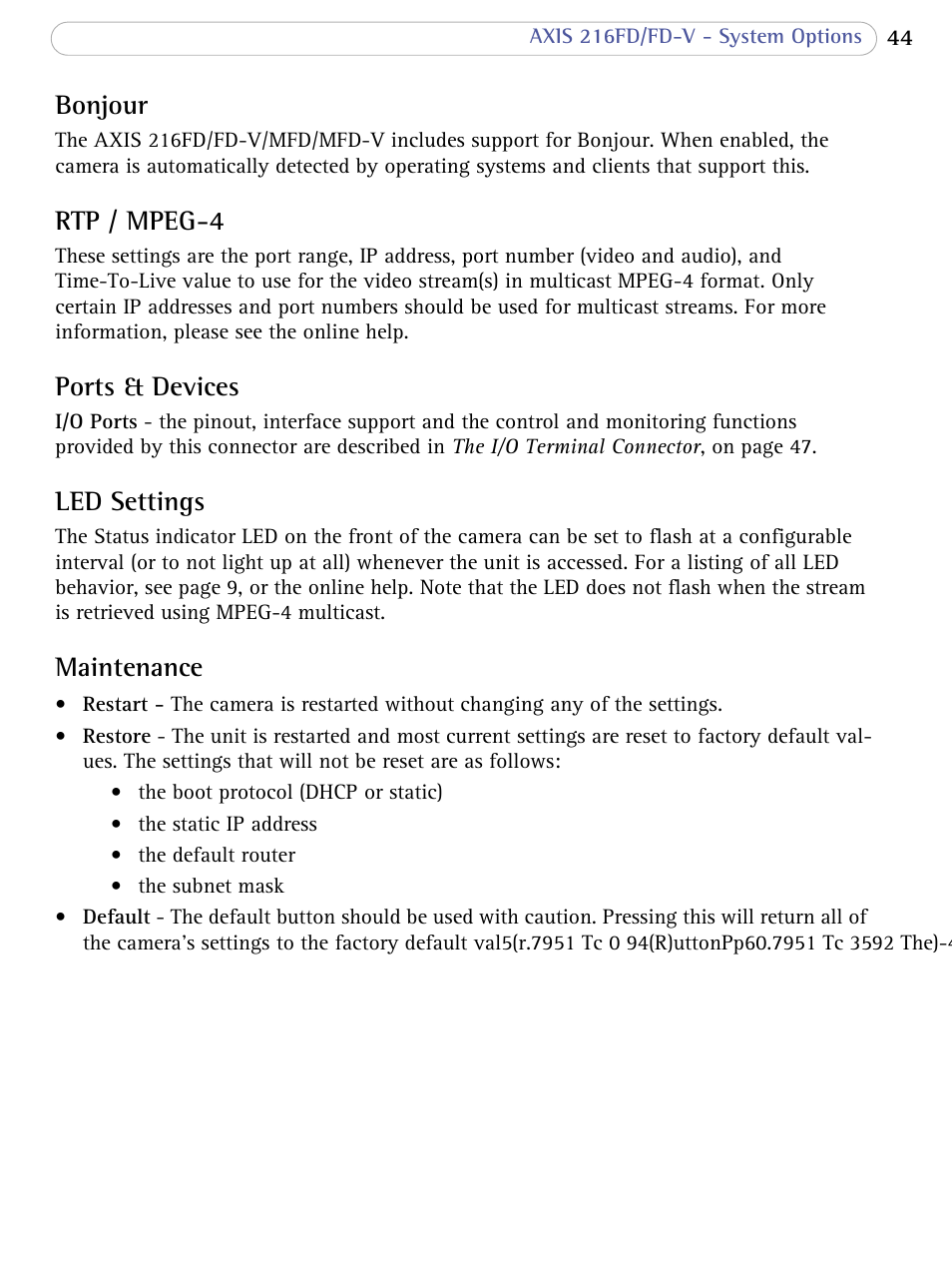 Bonjour, Rtp / mpeg-4, Ports & devices | Led settings, Maintenance | Bodyline Products International 216FD-V User Manual | Page 44 / 69