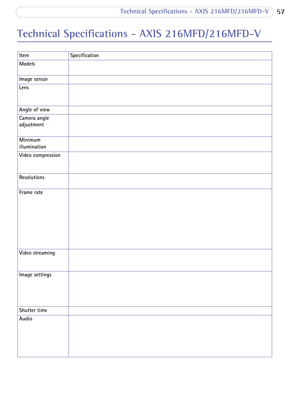 Technical specifications - axis 216mfd/216mfd-v | Bodyline Products International 216FD-V User Manual | Page 57 / 69