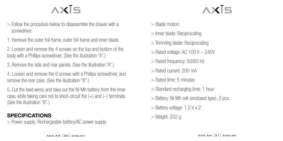 Bodyline Products International AXIS AIR SHAVER AX-5330 User Manual | Page 16 / 53