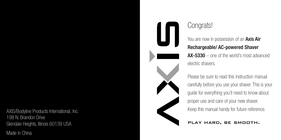 Congrats | Bodyline Products International AXIS AIR SHAVER AX-5330 User Manual | Page 2 / 53